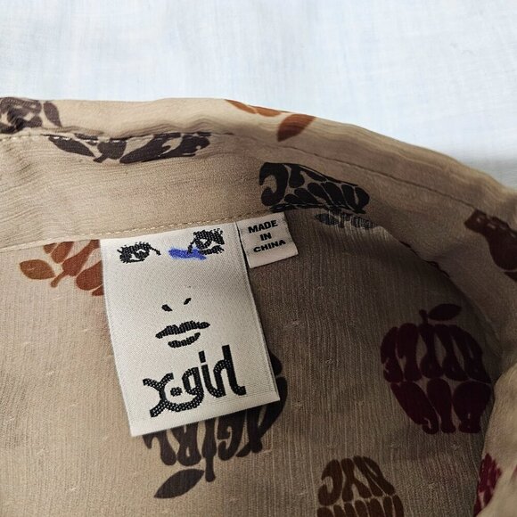 X-Girl Big Apple Women Top Blouse Shirt Size M Beige Chiffon Button Up Long Slee - Picture 3 of 14